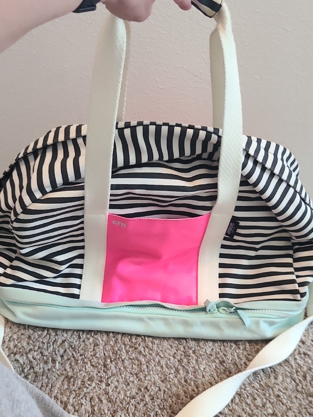 Kate Spade Black and White Striped Travel Bag with Pink and Mint Accents